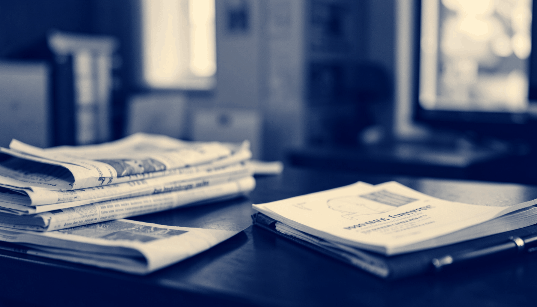 A warm duotone photograph in deep indigo and soft cream tones showing a softly lit desk with stacked newspapers, suggesting a quiet editorial workspace.